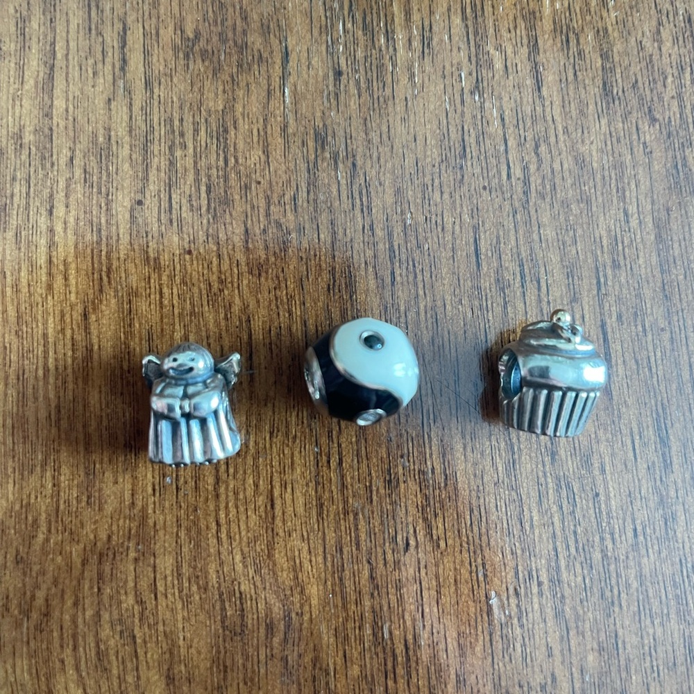 Silver Charm Set with Angel, Yin Yang, and Cupcake